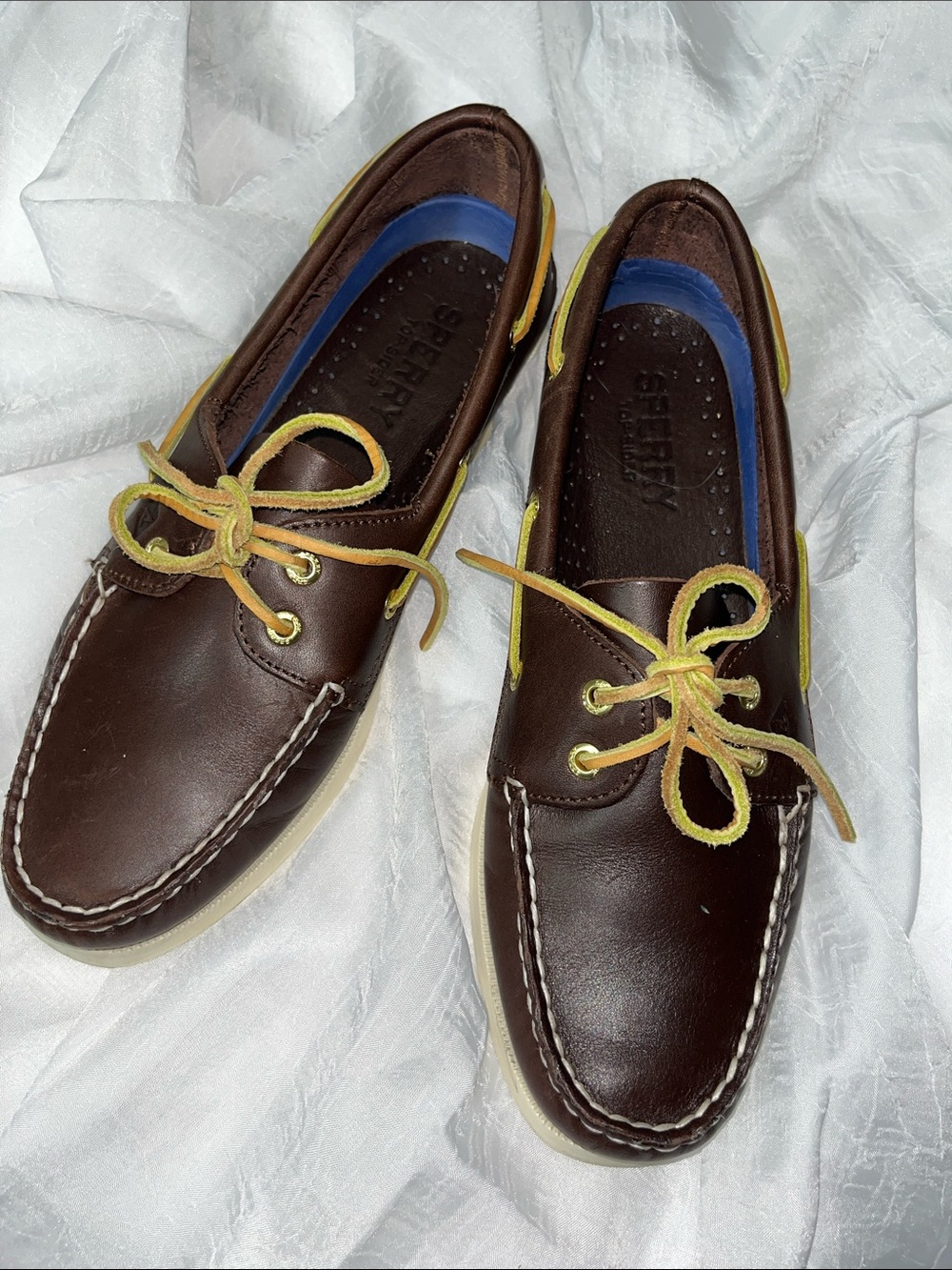 Sperry Brown Leather Boat Shoes with Yellow Trim